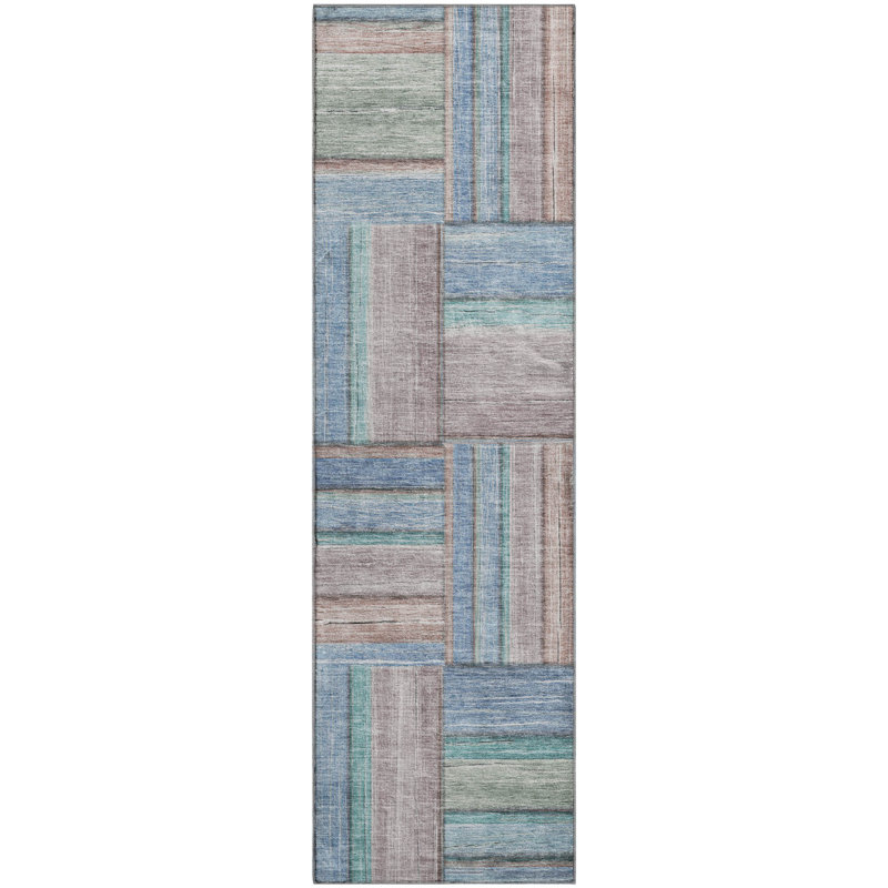 Premium Machine Washable Mayfield AMF2285 Geometric Rug, Denim, 2'3" x 7'6" Runner