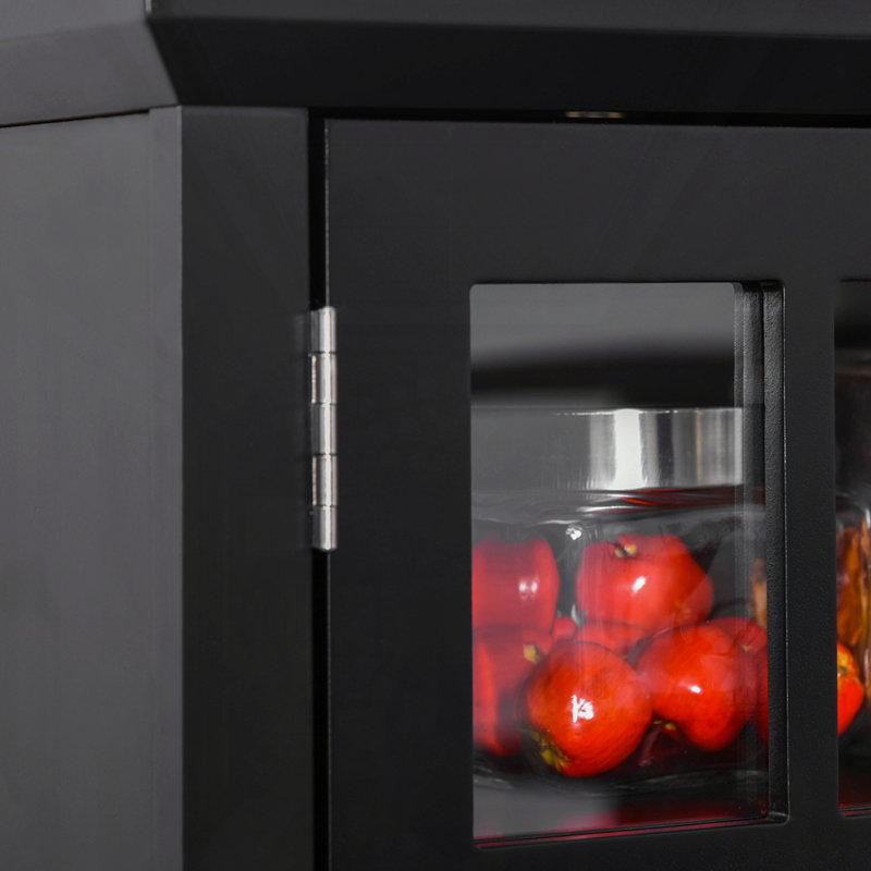 Armoire de rangement pour garde-manger avec porte en verre encadrée et espace pour micro-ondes, Noir
