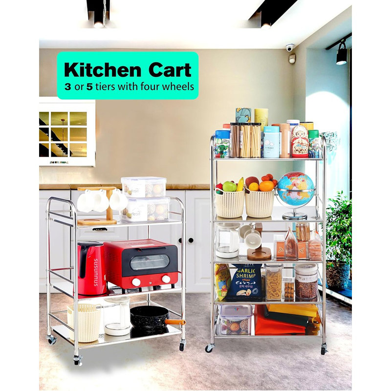 Chariot utilitaire roulant à 3 niveaux en acier inoxydable avec roues, chariot de rangement en métal pour la cuisine et à usages multiples, chariot de service mobile pour divers espaces (argent)