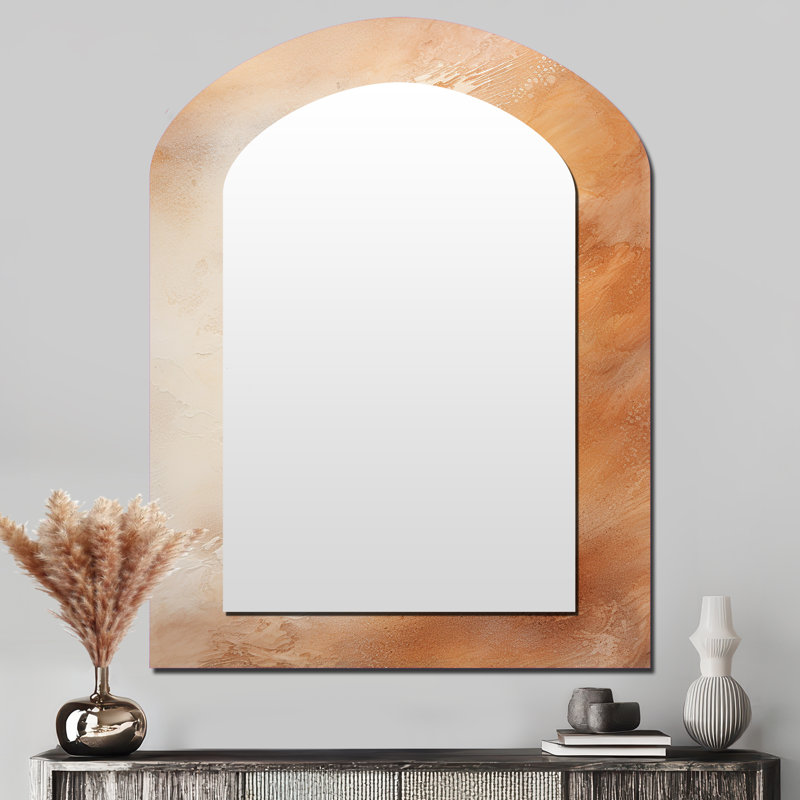 Beige Sandy Clouds Horizon V - Clouds Arch Unique Wall Mirror Decor, Beige Asymmetrical Large Mirror, Printed Metal Art