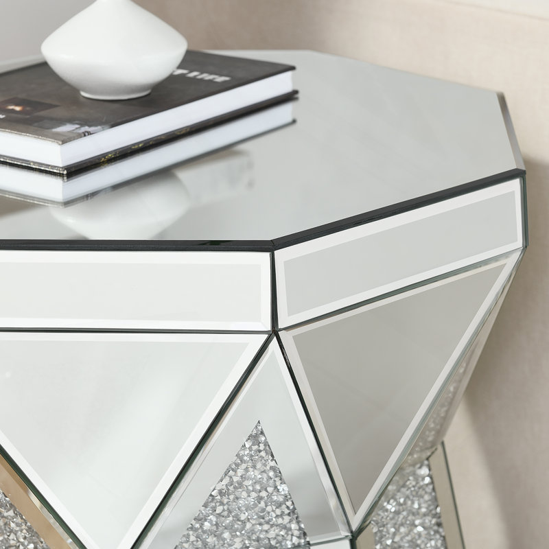Table basse de style tambour avec incrustation de cristal miroir, table décorative argentée