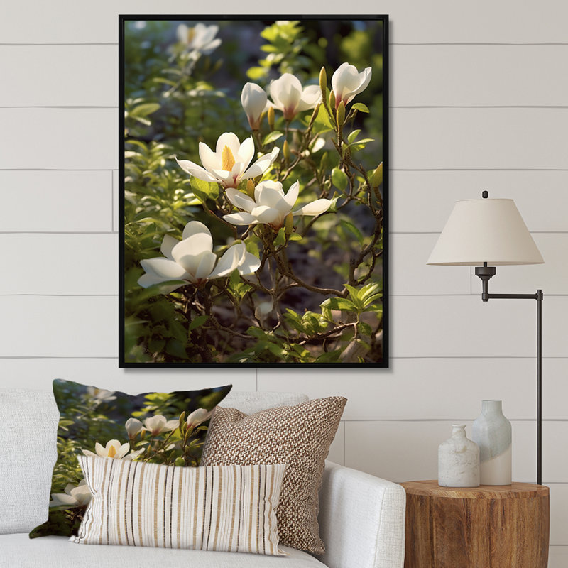 «White Green Magnolias Nature Serenity» sur impression sur toile, Cadre flottant noir, 32" H x 16" W