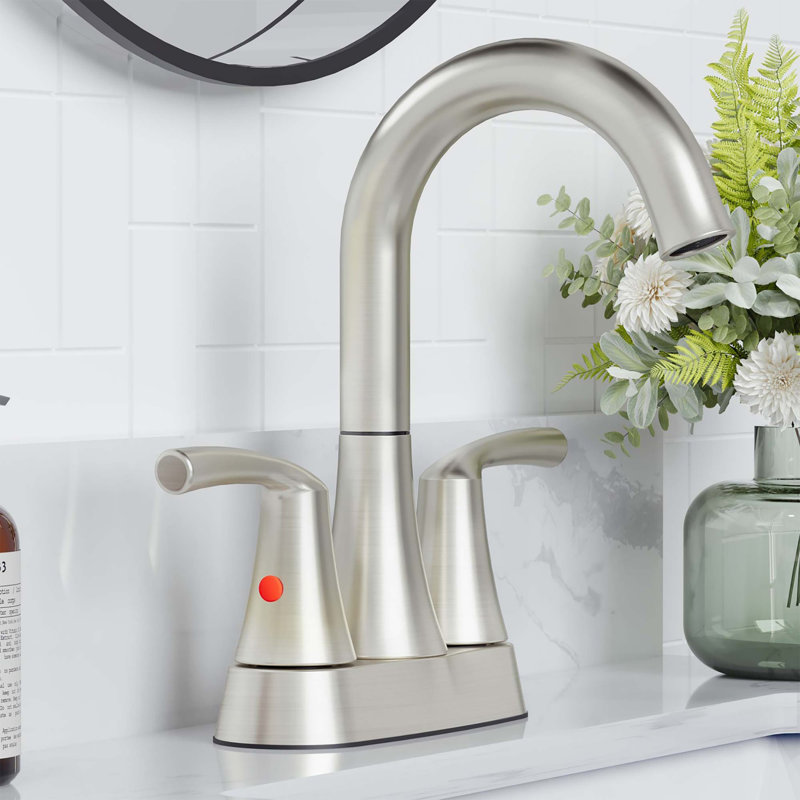 4 in. Centerset 2-Handle Bathroom Sink Faucet with High-Arc Swivel Spout and Drain Assembly, Brushed Nickel, Brushed Nickel