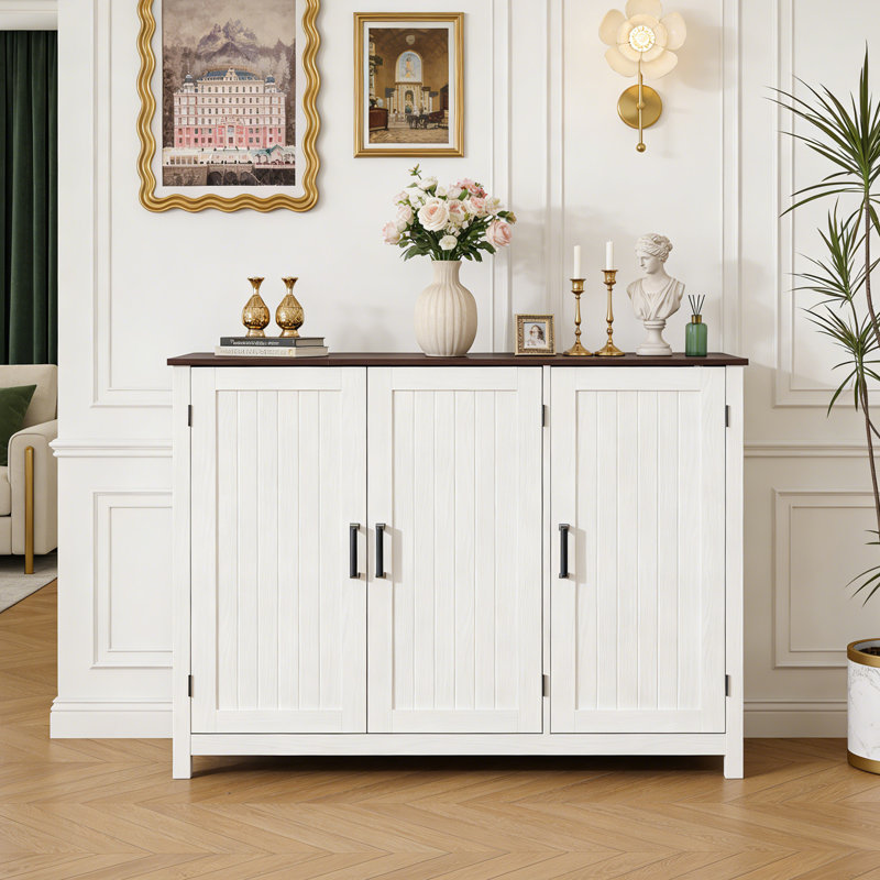 47.2" Farmhouse Buffet Cabinet With Storage, Kitchen Storage Cabinet With Doors And Adjustable Shelves, Rustic Kitchen Credenza, Wooden Sideboard Cabinet For Kitchen, White