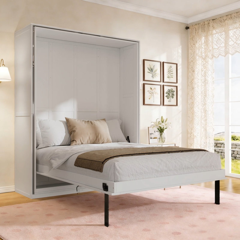 Grand lit escamotable rotatif avec supports de rangement cachés, lit mural multifonctionnel peu encombrant pour le bureau à domicile et les petites pièces, blanc