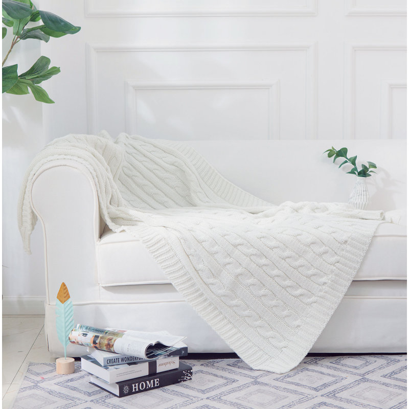 Ivory Cable Knit Acrylic Throw Blanket, 50" x 60"