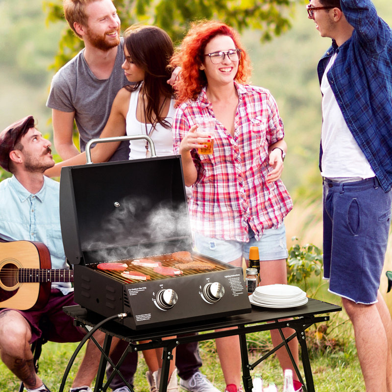 Table de cuisson portative au propane à 2 brûleurs. Pieds pliables, couvercle à fumée, thermomètre. Noir, pour le camping, le pique-nique, le barbecue au gaz de table, portable. Excellent pour une utilisation