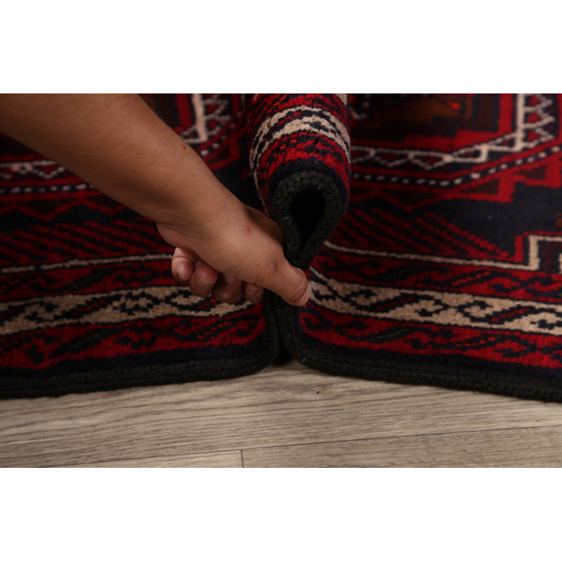 Tapis décoratif en laine rouge noué à la main/noir/Ivoire 3 pi 5 po x 6 pi 2 po one-of-a-kind