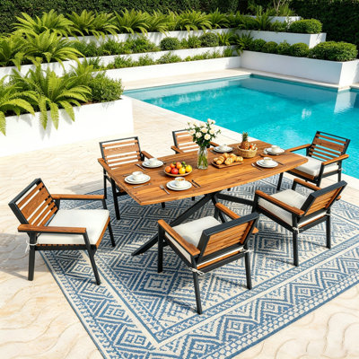 Modern 7-Piece Acacia Wood Patio Dining Set with Iron Frame, 6 Chairs with Dual-Layer Iron & Wood Seat Frame and Detachable Cushions