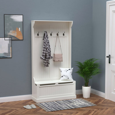 Arbre d'entrée 38 po 3 en 1 avec banc de rangement, portemanteau et range-chaussures, blanc
