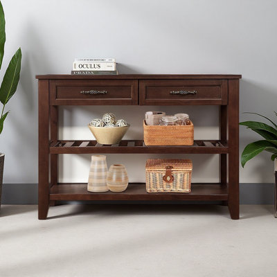Console Sofa Table With 2 Storage Drawers And 2 Tiers Shelves, Mid-Century Style 42'' Solid Wood Buffet Sideboard
