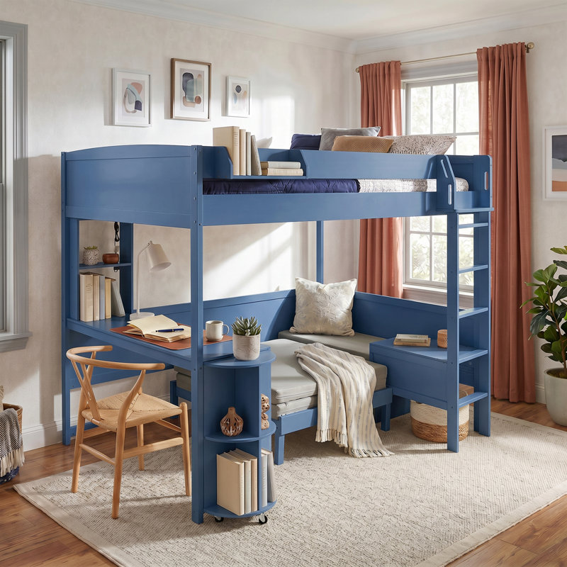 Lit mezzanine double avec cadre en bois massif avec bureau, tablette de rangement de chevet, canapé et lumière DEL, Marine