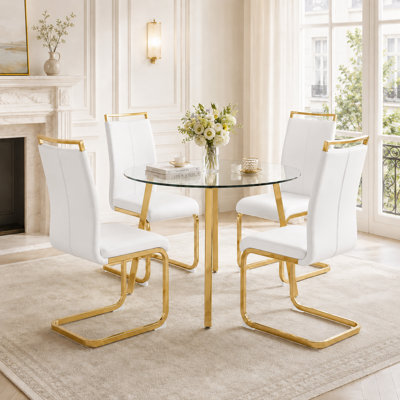 Modern Glam 5-Piece Tempered Glass Round Dining Set with Faux Leather Cantilever Chairs