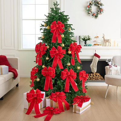 12 PCS Christmas Red Velvet Bows 14" x 12", Large Xmas Golden Edged Red Velvet Bow Tree Decor for Christmas Home Wreath Decoration