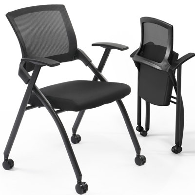 Ensemble de 2 chaises de salle de conférence empilables noires avec roulettes, chaise de bureau pliante avec dossier rebond pour la réception de formation