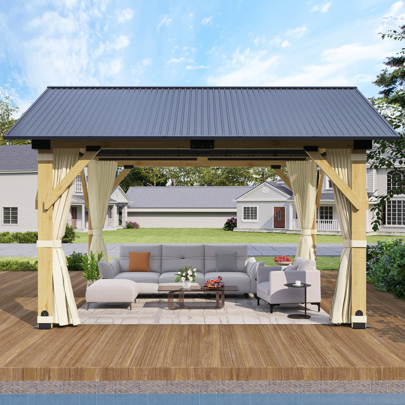 Outdoor Cedar Wooden Gazebo with Netting & Curtains, Patio Galvanized Steel Hardtop Gazebo, 13' W x 11' D