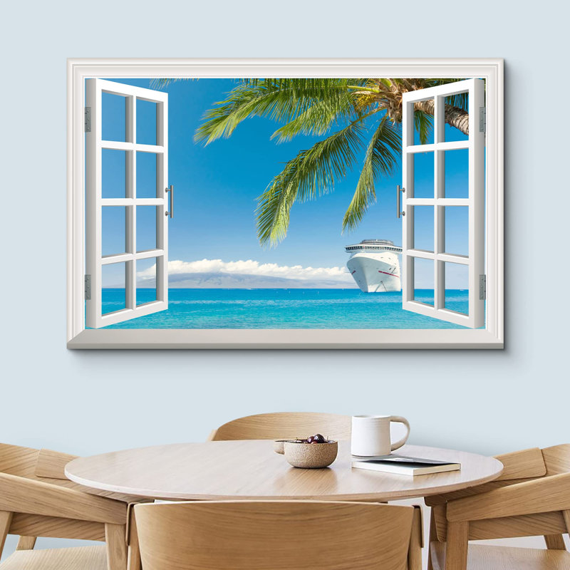 "Fenêtre vue de la plage tropicale", H 12 po x l 18 po