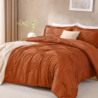 JOLLYVOGUE Queen Comforter Set, Boho Tufted 3-Piece Bedding Set, Orange