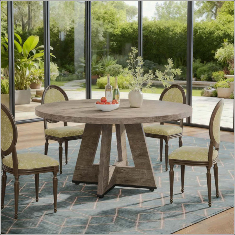 Table de salle à manger ronde avec base à piédestal, fabrication en panneau de fibres à densité moyenne durable, spacieuse et élégante pour les intérieurs modernes.