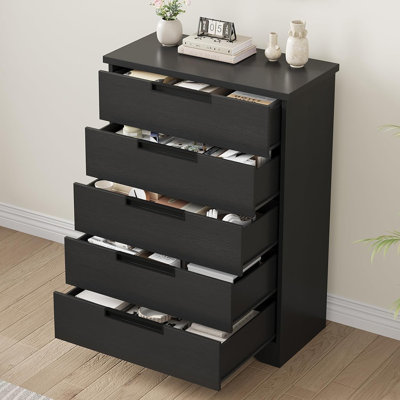 Modern Tall 5-Drawer Wooden Dresser Chest with Embedded Pull Handles, Vertical Storage Organizer with Anti-Tip Kit & Metal Drawer Slides for Bedroom,