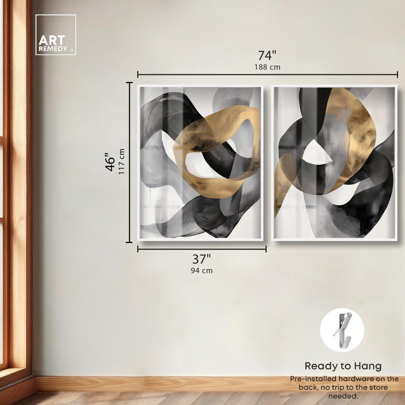 Ensemble de 2 décorations murales bohème glamour doré de luxe par Art Remedy, cadre blanc, 37 x 46, H 46 po x l 37 po