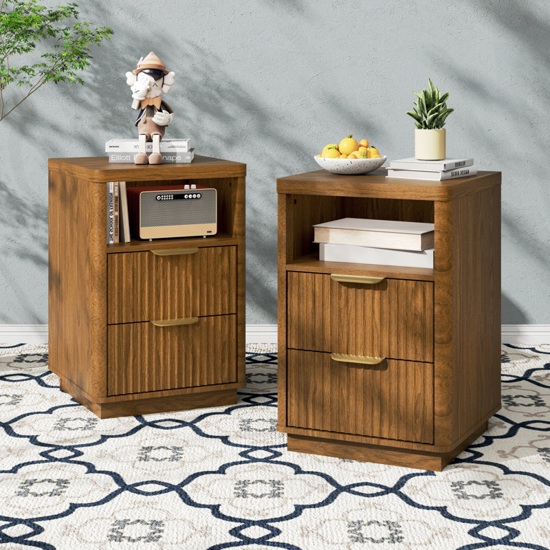 COCO DESIGN 2-Drawer Manufactured Wood Nightstands with Storage and Built-in Outlets, Brown (Set of 2), Brown