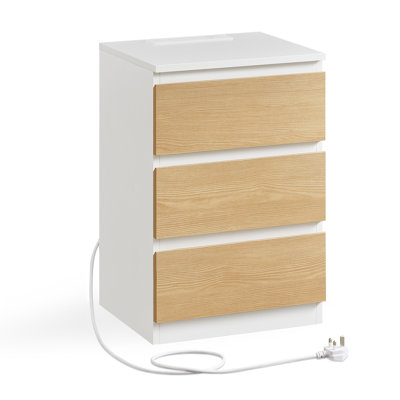 Bedside Table With Charging Station, Side End Table With 3 Drawers, 2 AC Outlets, 2 USB Ports, Bevelled Drawer Fronts, For Living Room, Bedroom, Study, Modern