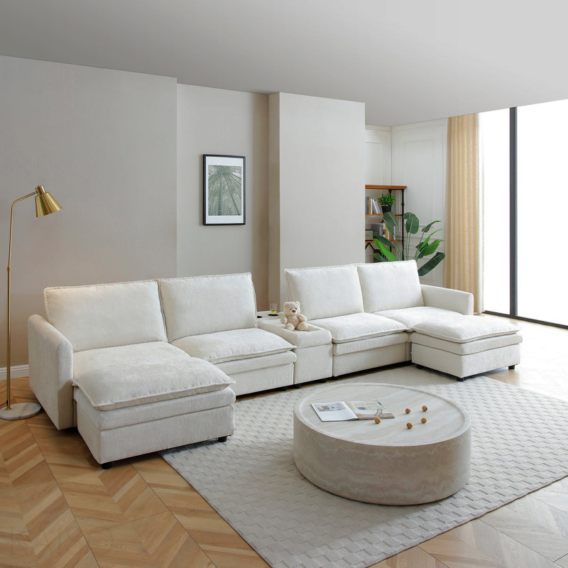 140" U Shaped Couch, Modular Sectional Sofa, 6-Seater Comfy Cloud Couch With Movable Ottoman, Deep Seat And Adjustable Sofa Back . Couches For Living Room, Chenille,  White