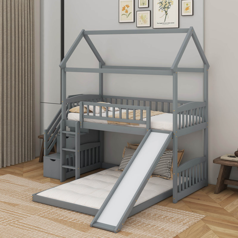 Twin Over Full Bunk Bed With Slide, Gray