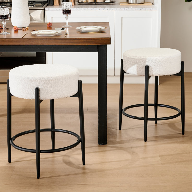 Modern Dining Chair Set, 23.6" Counter Height Stools with Round Soft Padded Boucle Backless Seat, White