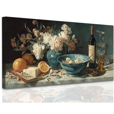 Guttay Rustic Kitchen Canvas Wall Art Prints Vintage Farmhouse Food Still Life Painting Artwork Decor, Country Dining Room Pictures Blue Ceramic Citrus Floral Inspirational Decor, 12x24 inches