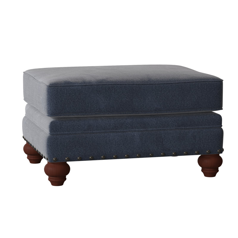 Spratt Upholstered Ottoman, Manhattan, Tweetie 22 Navy Performance Velvet, Dark Brass