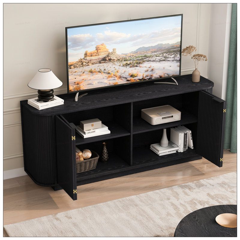Wavy Storage Sideboard, Double-Door Buffet Cabinet With Adjustable Shelves, Suitable For Kitchen, Living Room, Hallway, Black