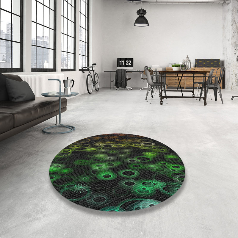 Tapis vert/orange/noir à motifs, Rond 7 pi