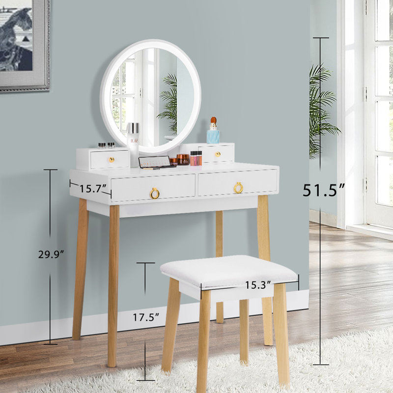 Ensemble coiffeuse Paulita avec écran tactile 3 couleurs, miroir lumineux et tabouret