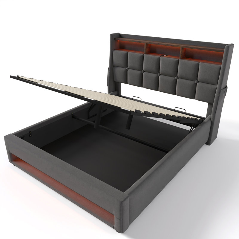 Upholstered Platform Bed With A Hydraulic Storage System, LED And USB Charging (Without Mattress), Queen, Gray