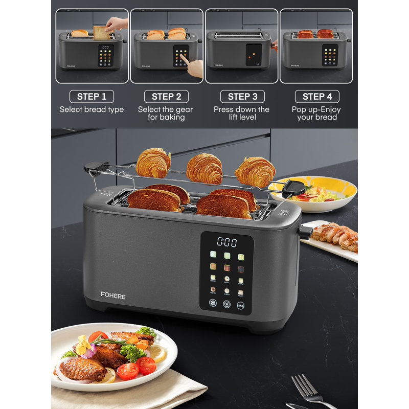 4 Slice Toaster Touch Screen, 6 Bread Types & 6 Shade Settings, Cancel/defrost/reheat Function, Gray