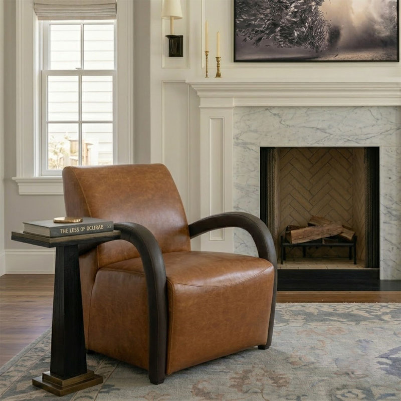 Peru 26.5"W Modern Napa Full Top Grain Genuine Leather Armchair with Unique Arms, Cognac