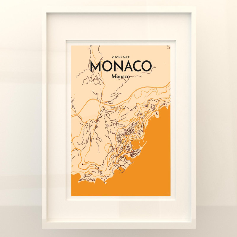 Monaco City Map, impression, H 27,6 po x l 19,7 po, Orange / or pâle