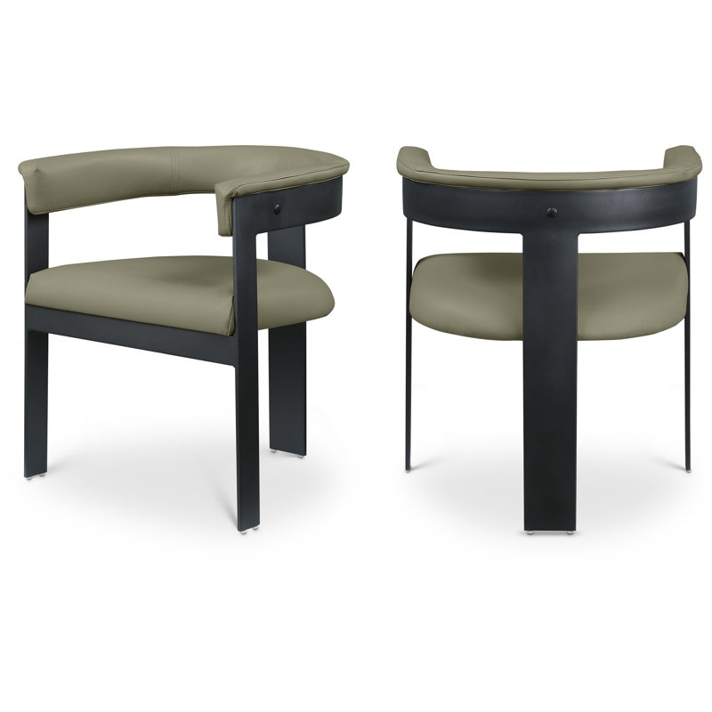 Chaise avec accoudoirs à dossier rembourré Romeo, Thermolaquage noir mat, Cuir végétalien vert olive