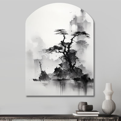 Gulabsa - Asian Art Asymmetrical Metal Wall Art, Grey Arch Metal Art Print