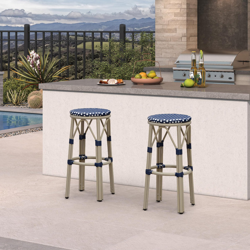  Ensemble de 2 tabourets de bar ronds en rotin, 29.53", Bleu marine / blanc