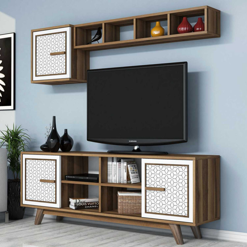 Modern TV Unit with Wall Shelf & Cabinet, Walnut & White, 63.0 x 22.1 x 13.8 inches | 100% Melamine Coated Particle Board, Thickness: 0.7 inches | Numerous Shelves, Wall-Mounted, Stylish Geometric Design