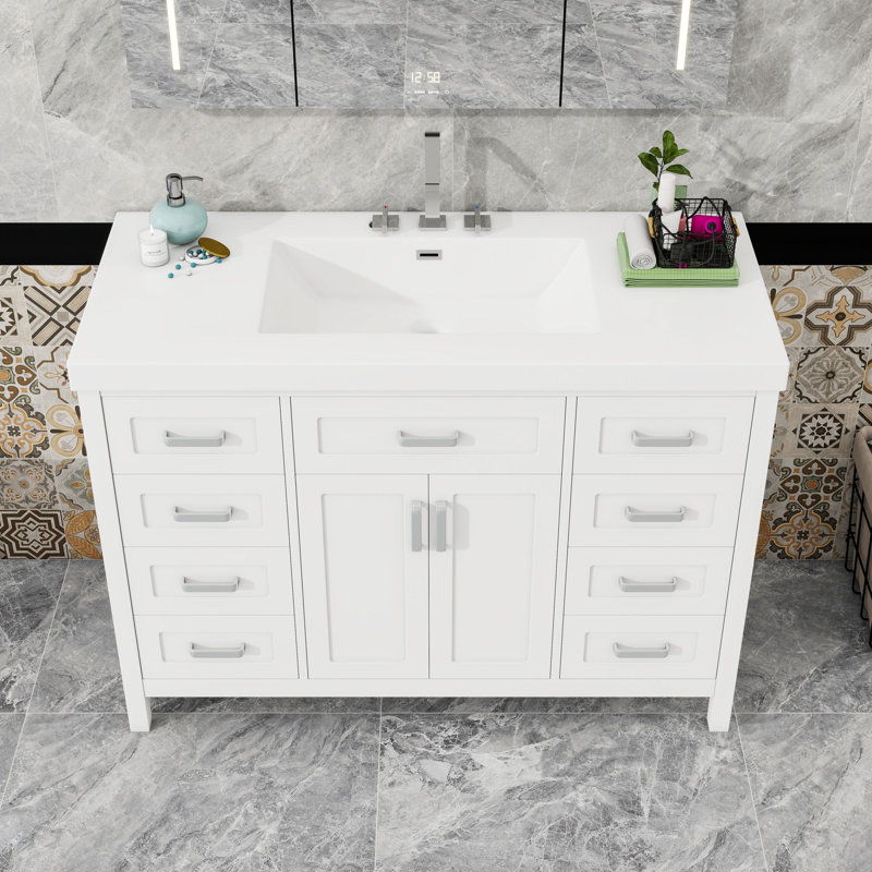 Meuble-lavabo autoportant élégant en bois avec plateau en résine, portes et tiroirs à fermeture en douceur, Blanc