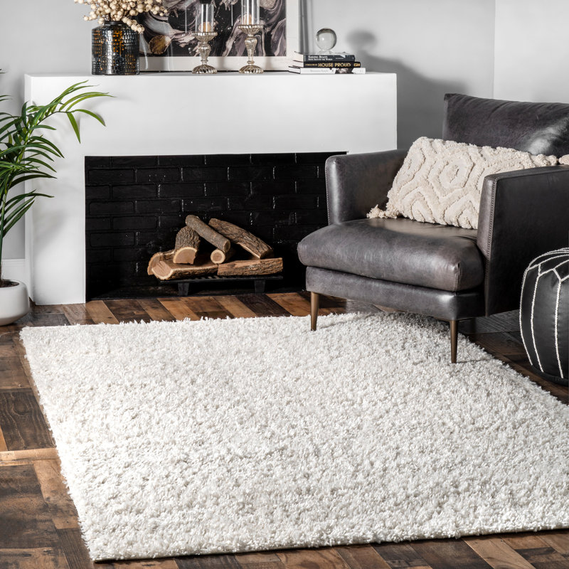 Oguz Power Loom Performance Solid Shag Ivory Rug, Rectangle 6'7" x 9'