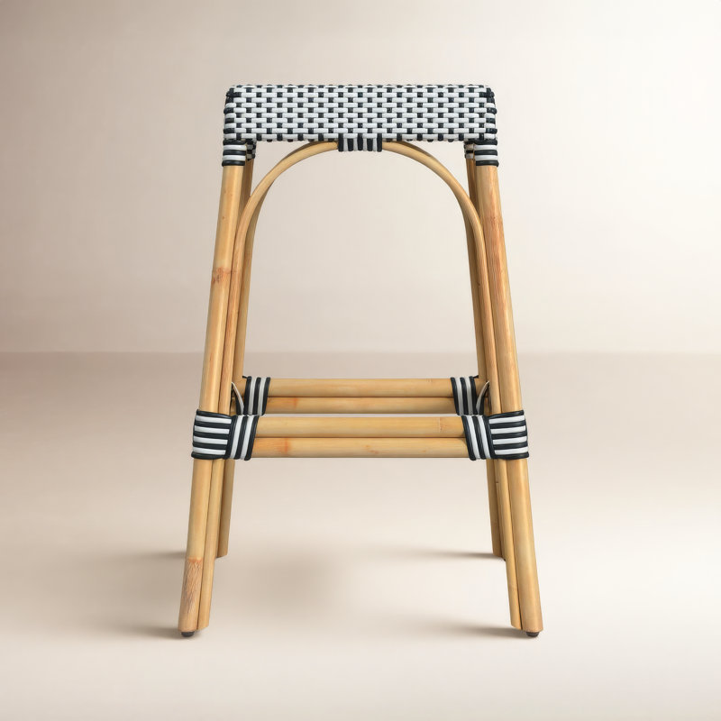 Robias Rattan Bar & Counter Stool, Glossy White/ Natural Rattan Frame, Bar Stool (30" Seat Height)