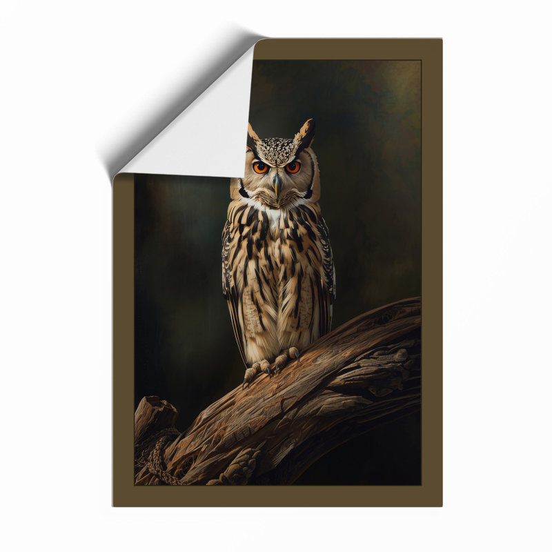 Tawny Owl Perched Japandi - Framed Print, A1 - 84.1 x 59.4 cm, Unframed