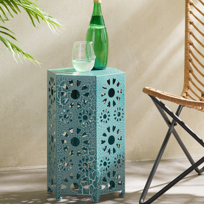 Table d'appoint 12 po - Tubes en fer de conception moderne bleu sarcelle craquelé léger, pour patio et salon sans assemblage requis