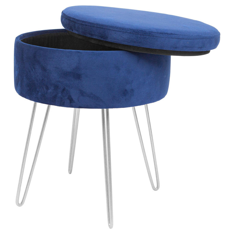 Harbour Housewares - Round Velvet Storage Footstool, Silver, Blue