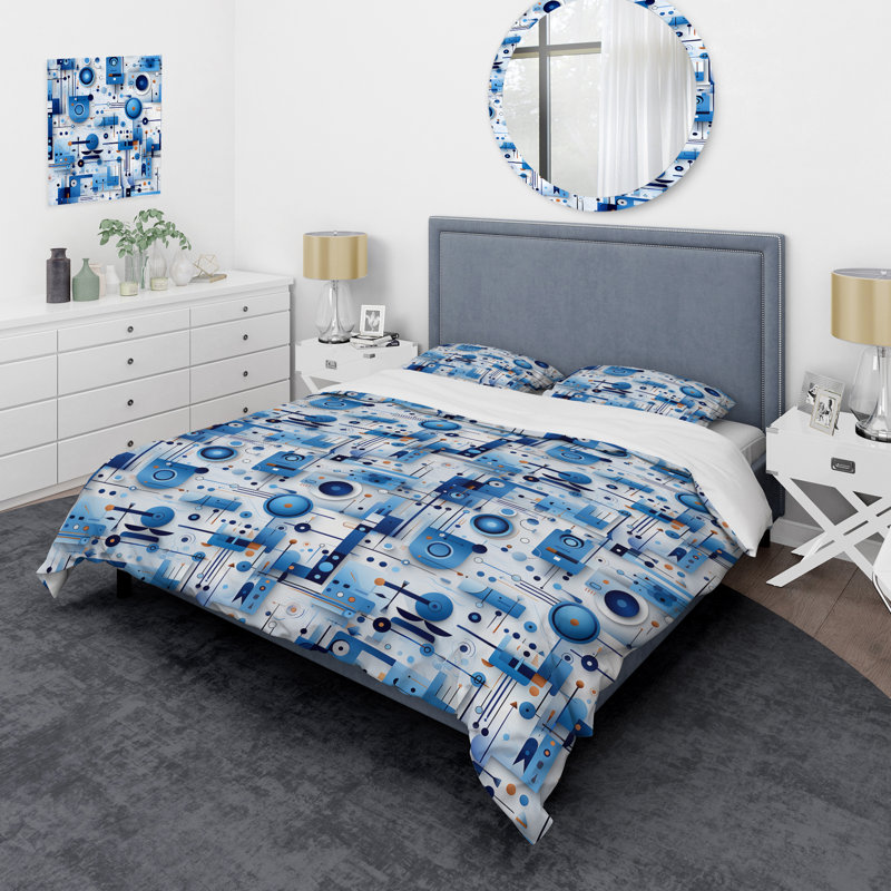 Ensemble de housse de couette à motif géométrique bleu et blanc Matrix Grid III